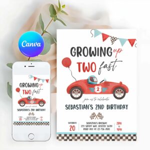Racing Car Invitation, Race Car 2nd Birthday Party, Invite, Growing Up Two Fast Race Car Party Invitation