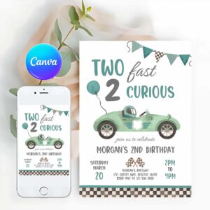 Racing Car Invitation, Race Car 2nd Birthday Party, Invite, Two Fast 2 Curious Race Car Party Invitation