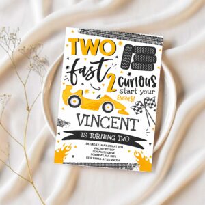 Editable two fast birthday invitation yellow two fast race car 2nd birthday party invite two fast 2 curious yellow car party 1
