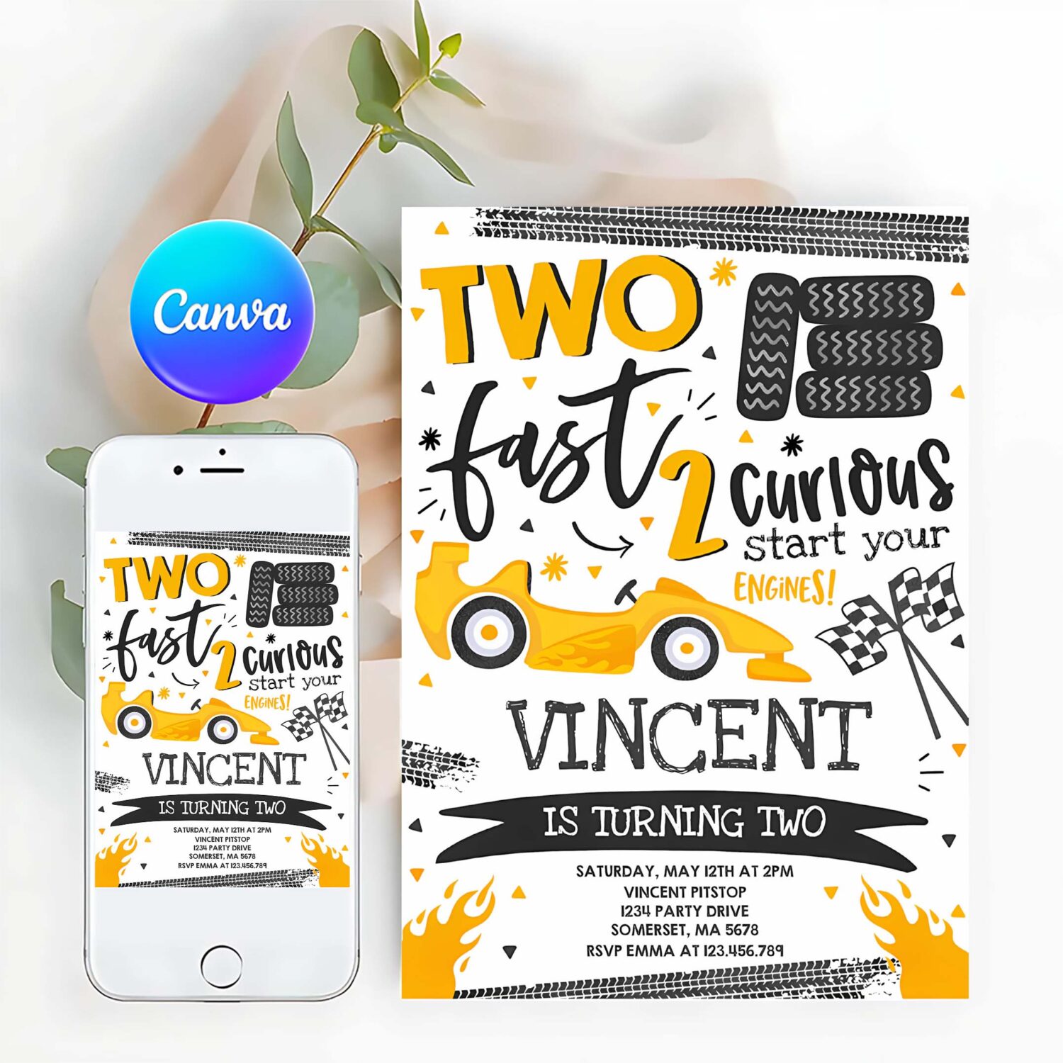 Editable two fast birthday invitation yellow two fast race car 2nd birthday party invite two fast 2 curious yellow car party