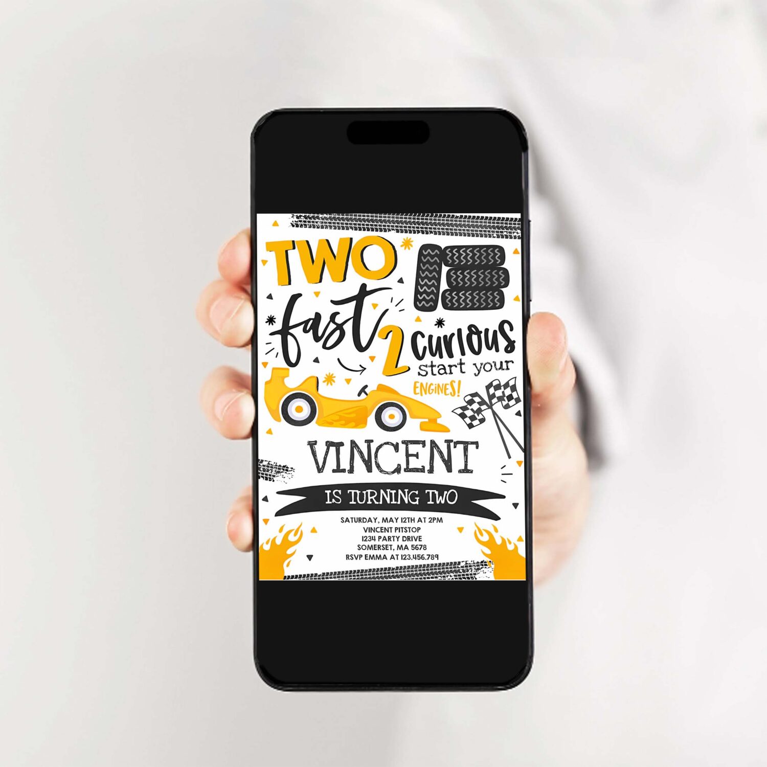 Editable two fast birthday invitation yellow two fast race car 2nd birthday party invite two fast 2 curious yellow car party 2