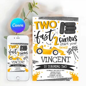 Racing Car Invitation, Yellow Two Fast Race Car 2nd Birthday Party, Invite, Two Fast 2 Curious Yellow Car Party Invitation
