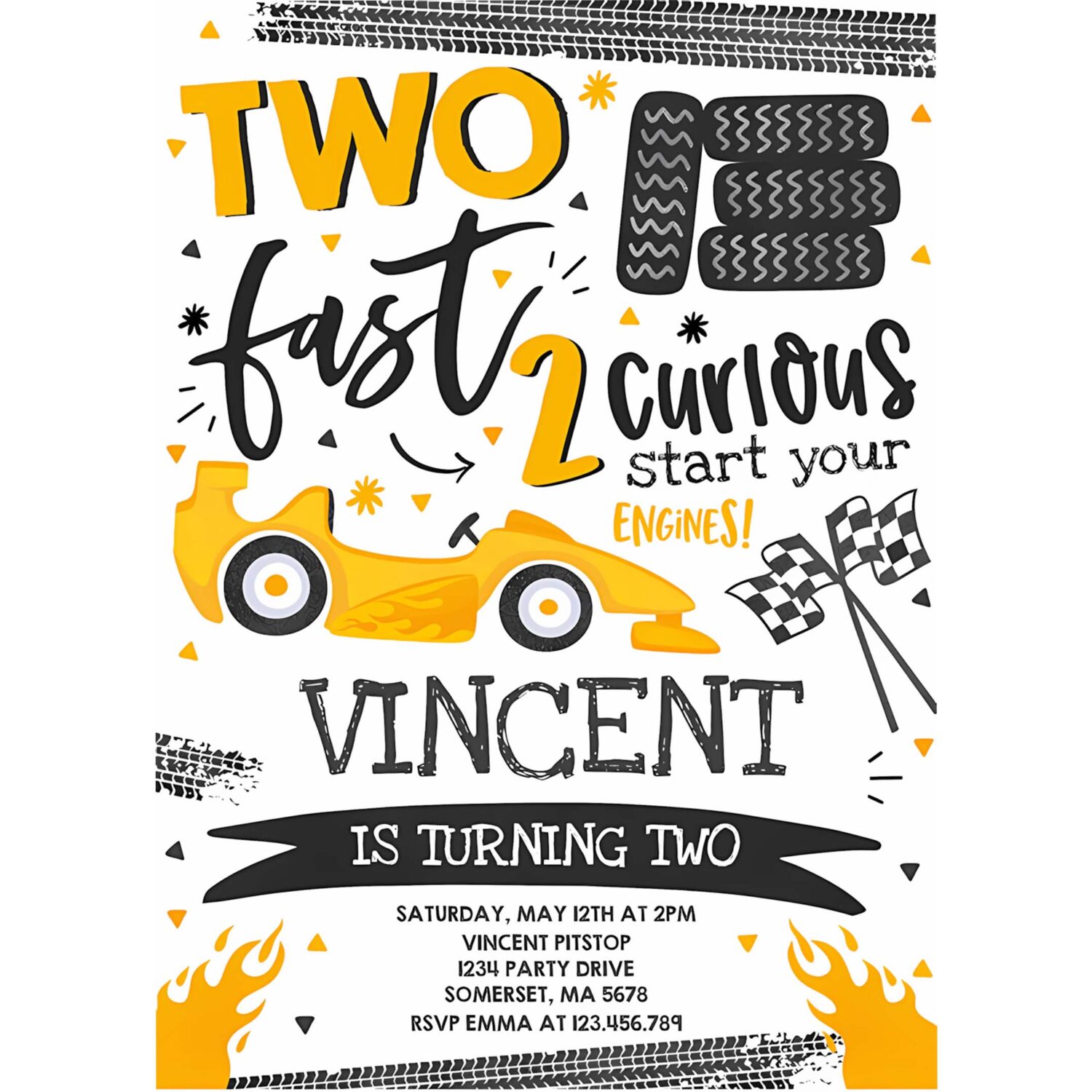 Editable two fast birthday invitation yellow two fast race car 2nd birthday party invite two fast 2 curious yellow car party 4