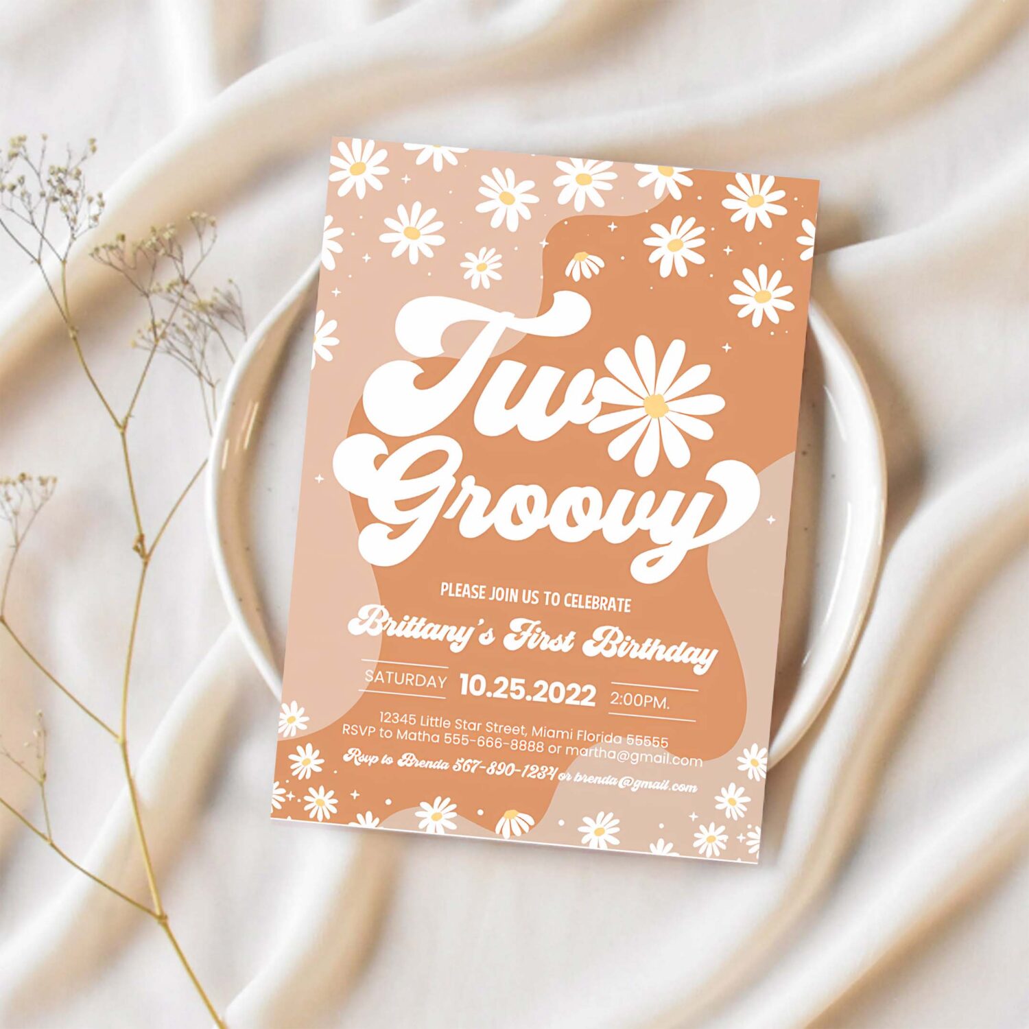 Editable two groovy 2nd birthday party invitation boho retro groovy hippie floral 70s birthday party daisy hippie party 1