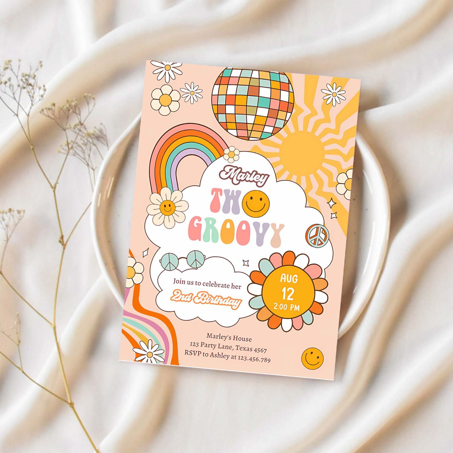 Editable two groovy birthday party invitation 2nd birthday boho retro flower power 70s daisy download template corjl digital 0459 1
