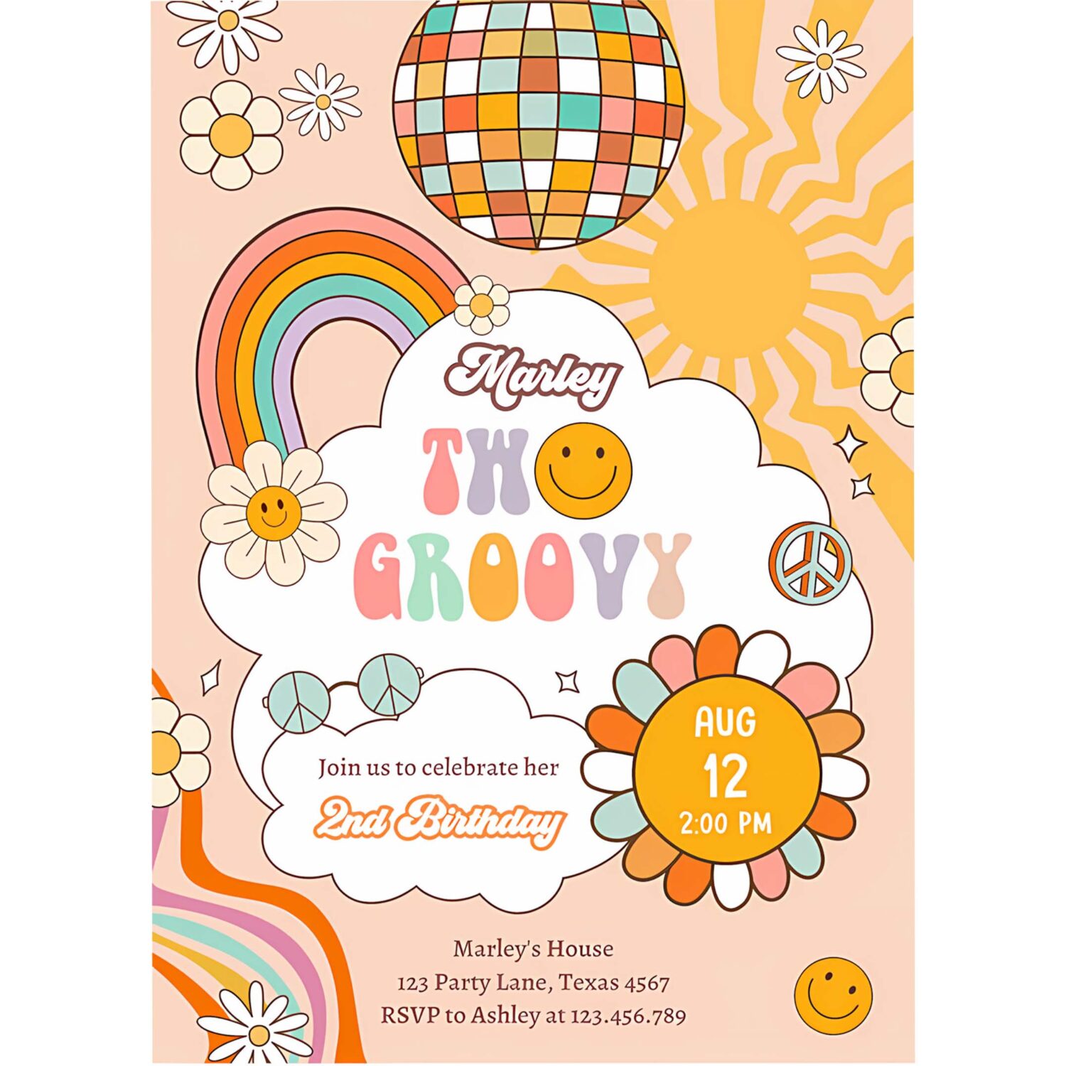 Editable two groovy birthday party invitation 2nd birthday boho retro flower power 70s daisy download template corjl digital 0459 4