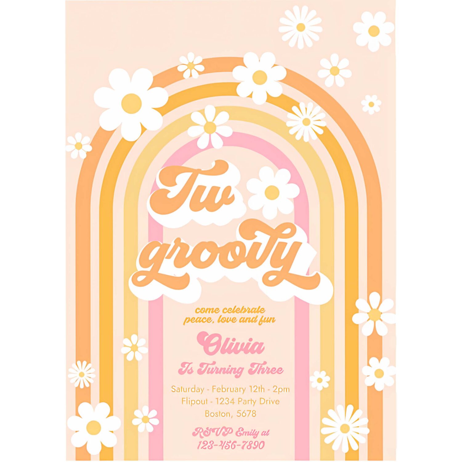 Editable two groovy birthday party invitation peace love party groovy rainbow floral daisy hippie 70s 2nd birthday party 4