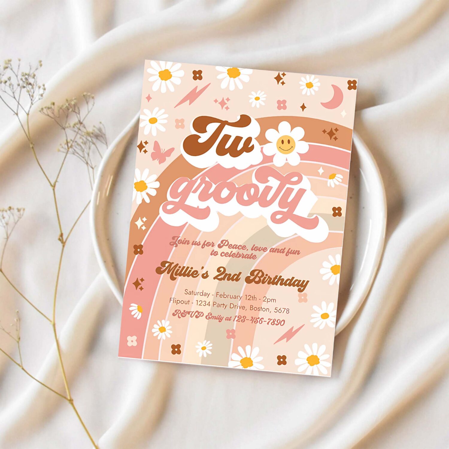Editable two groovy birthday party invitation peace love party groovy rainbow party hippie groovy 70s 2nd birthday party 1