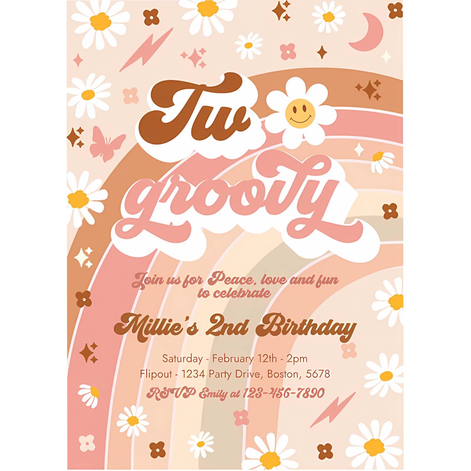 Editable two groovy birthday party invitation peace love party groovy rainbow party hippie groovy 70s 2nd birthday party 4