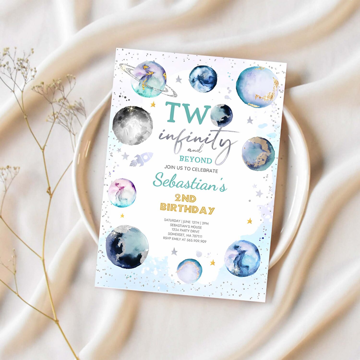 Editable two infinity and beyond space birthday invitation boy outer space birthday rocket space planets galaxy party 1