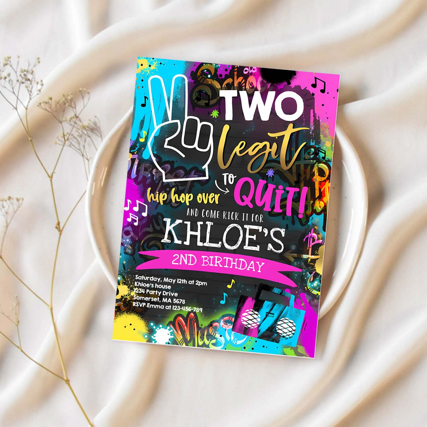 Editable two legit to quit birthday party invitation hip hop 2nd birthday party 90s hip hop birthday party graffiti 1