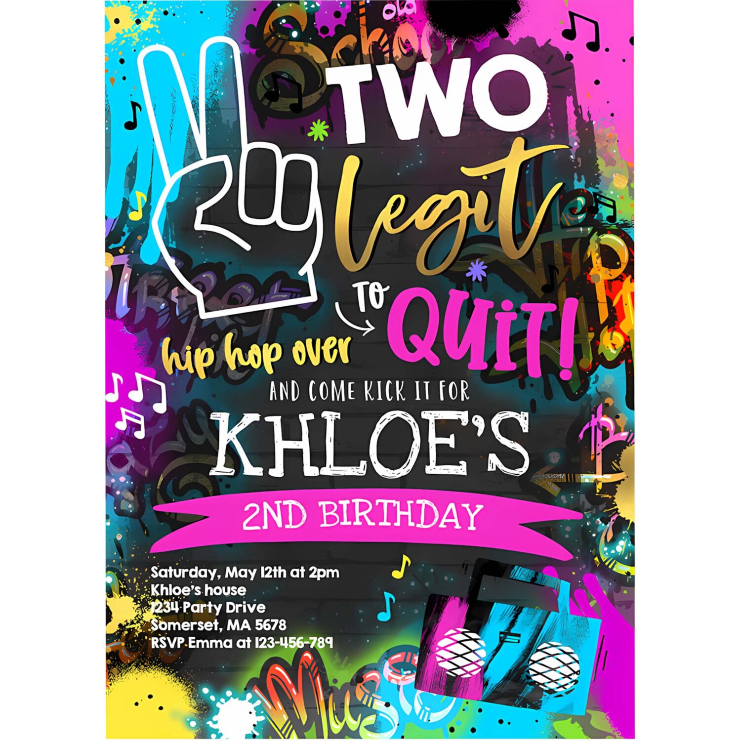 Editable two legit to quit birthday party invitation hip hop 2nd birthday party 90s hip hop birthday party graffiti 4