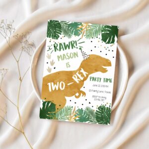 Editable two rex dinosaur birthday invitation dino t rex boy second birthday 2nd rawr roar green gold prehistoric corjl template 0146 1