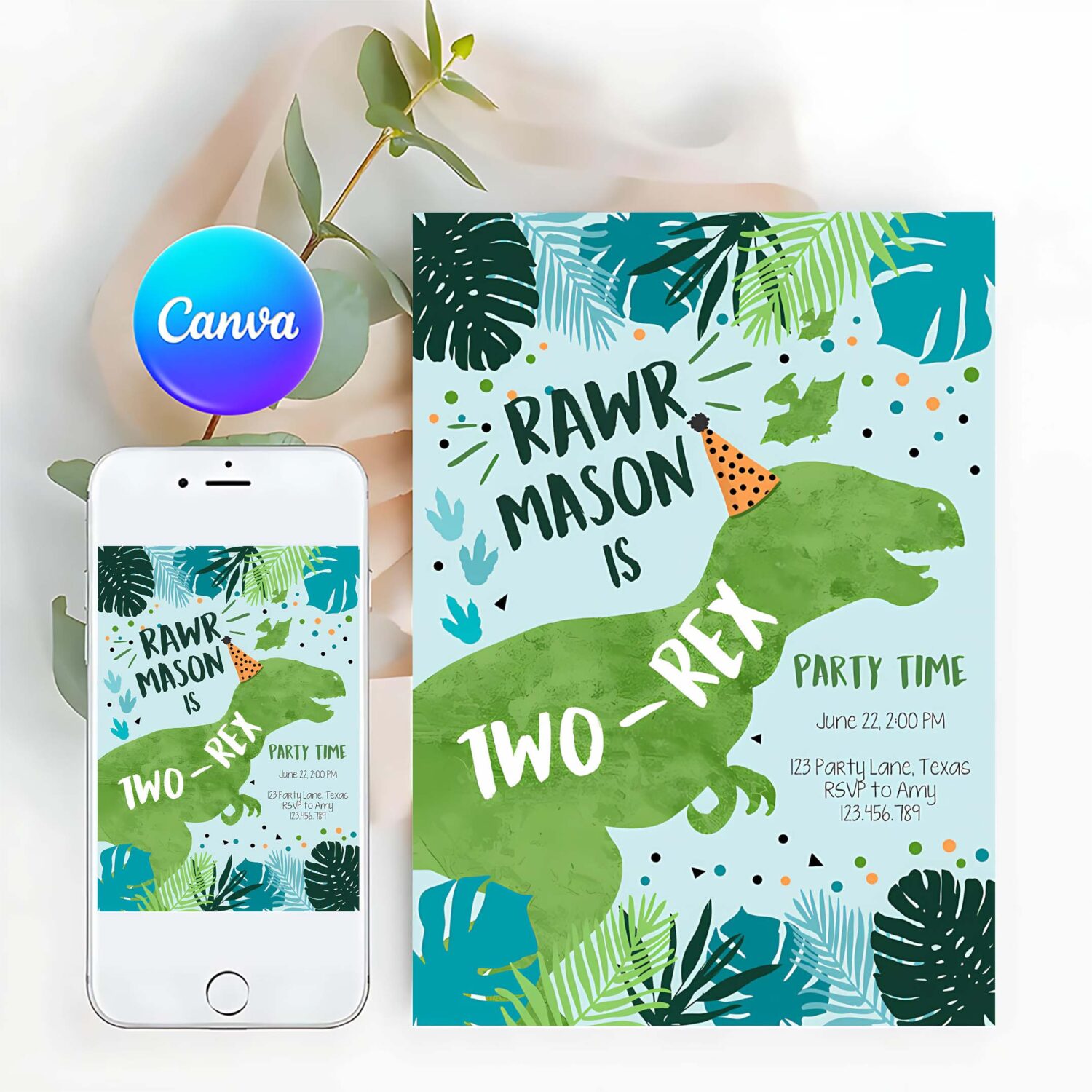 Editable two rex dinosaur birthday invitation dino t rex second birthday 2nd rawr boy green blue prehistoric printable corjl template 0389