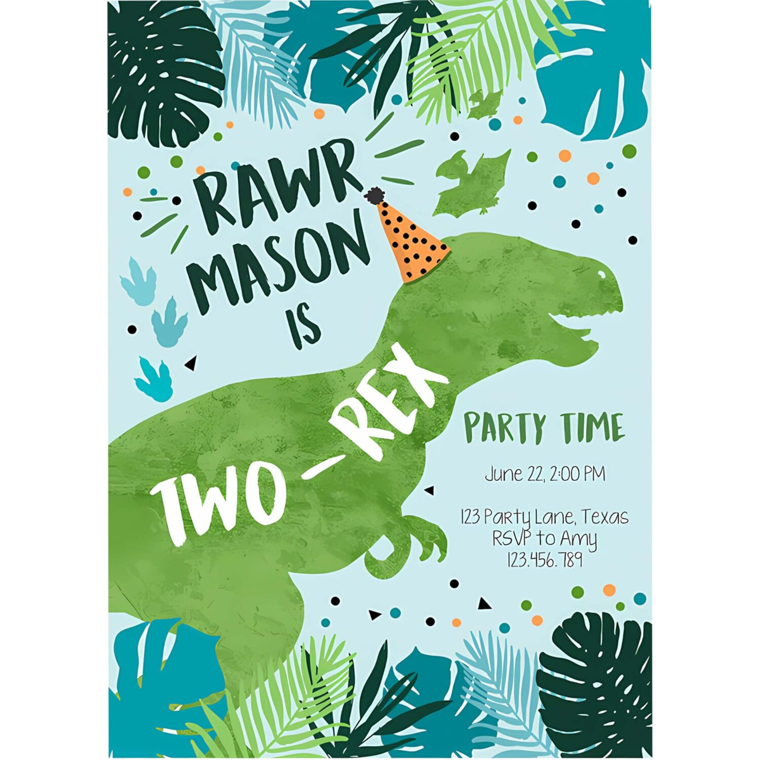 Editable two rex dinosaur birthday invitation dino t rex second birthday 2nd rawr boy green blue prehistoric printable corjl template 0389 4