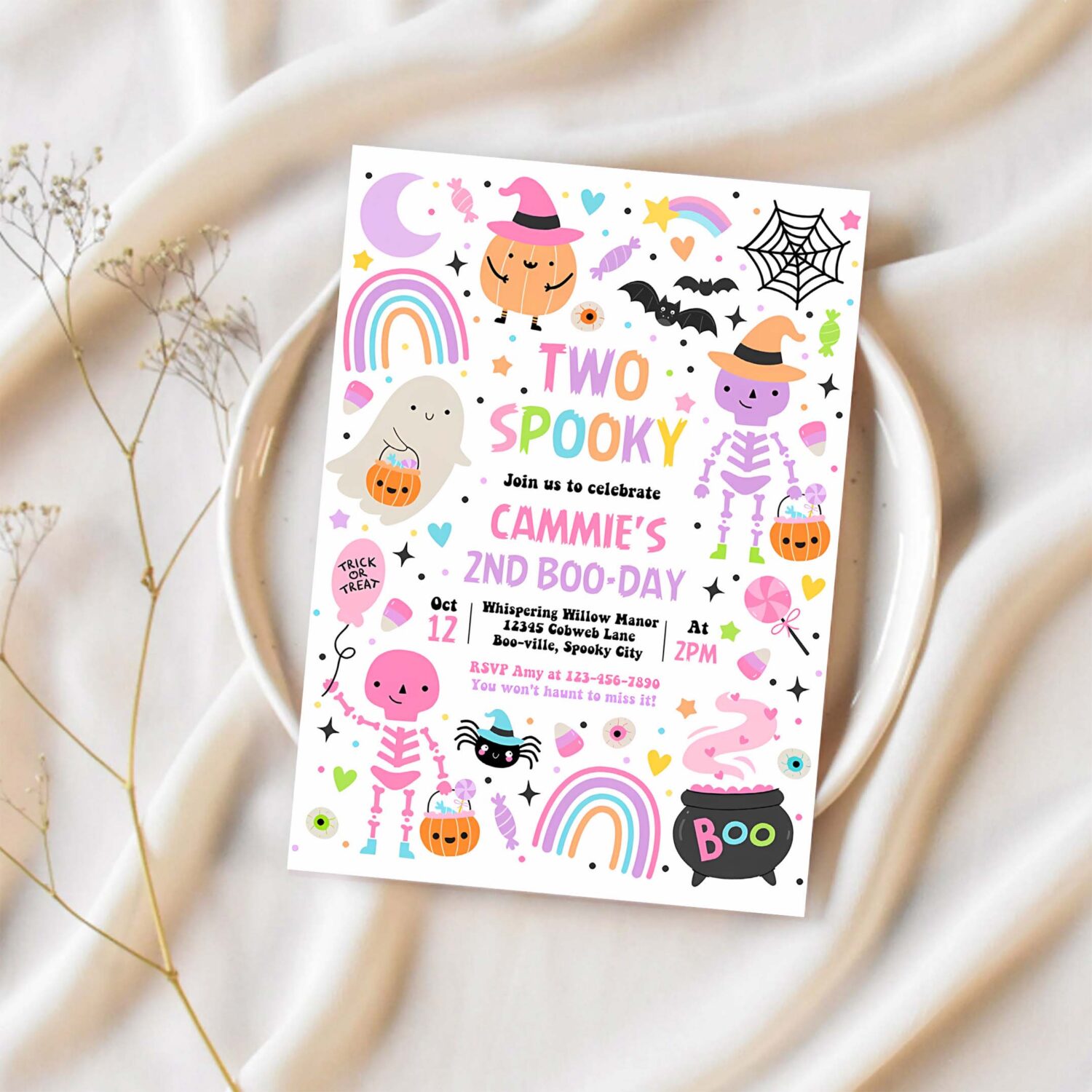 Editable two spooky cute halloween 2nd birthday party invitation halloween cuties 2nd birthday spooktacular birthday instant download hs4 1