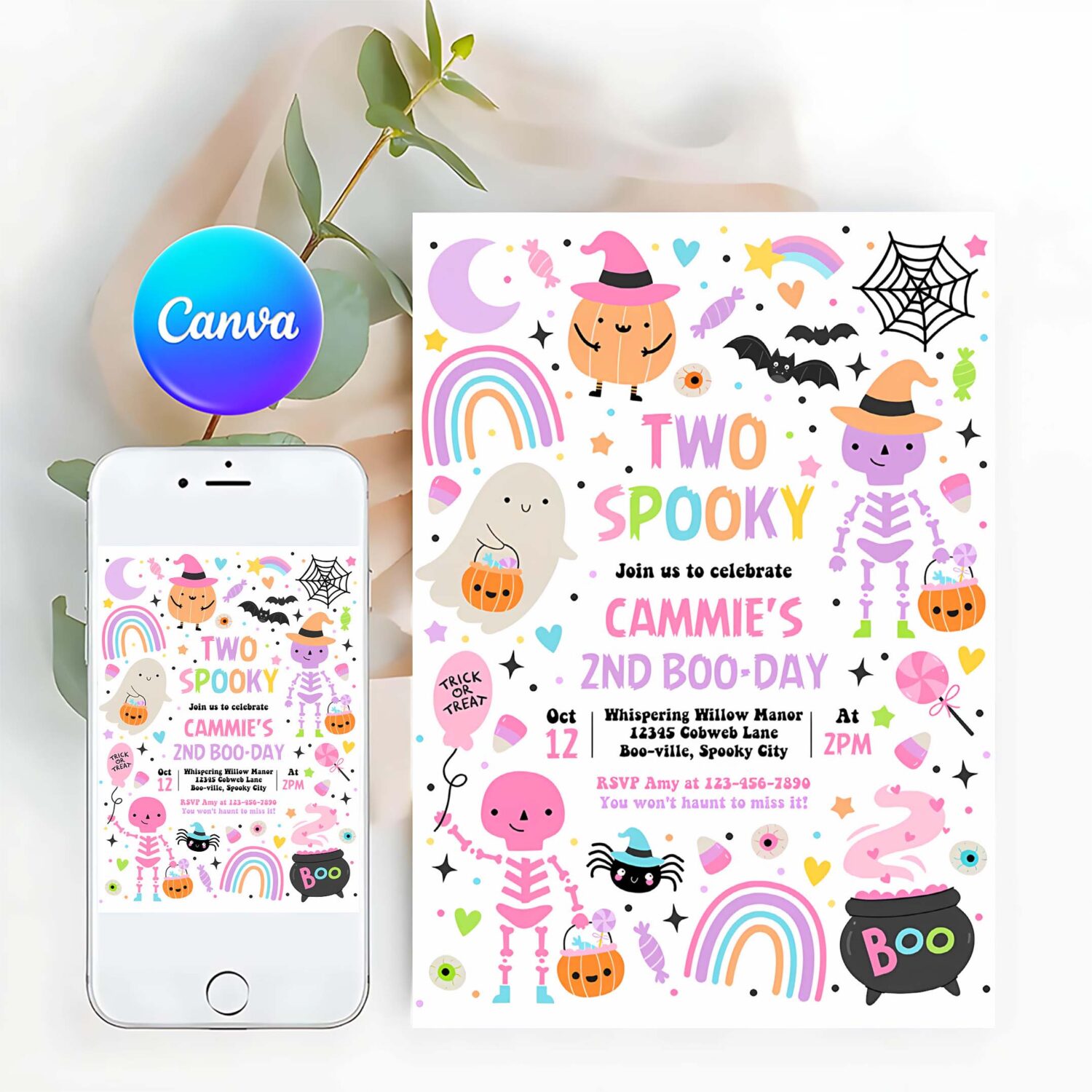 Editable two spooky cute halloween 2nd birthday party invitation halloween cuties 2nd birthday spooktacular birthday instant download hs4