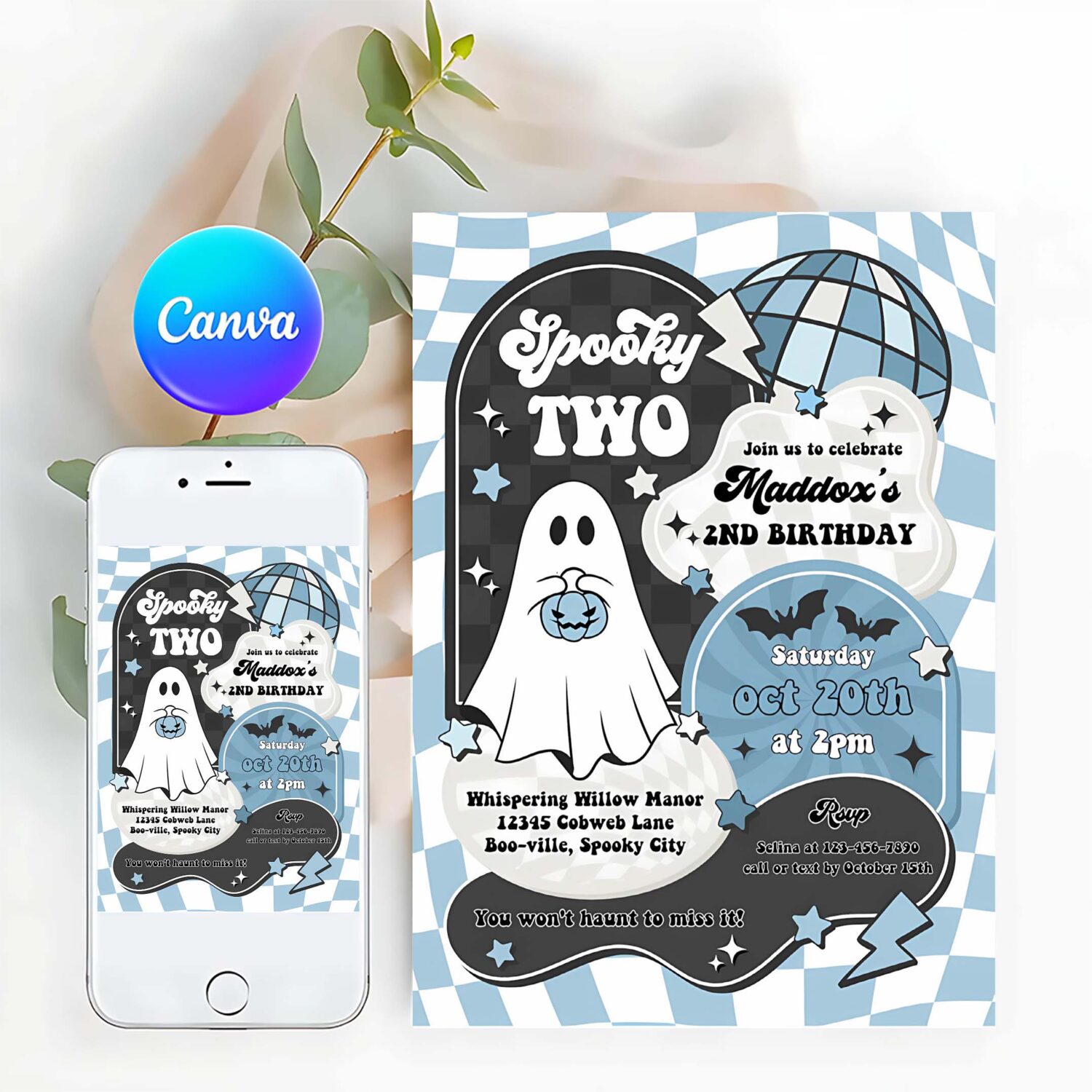 Editable two spooky halloween ghost 2nd birthday invitation retro groovy boy ghost birthday hippie halloween party instant download tx3
