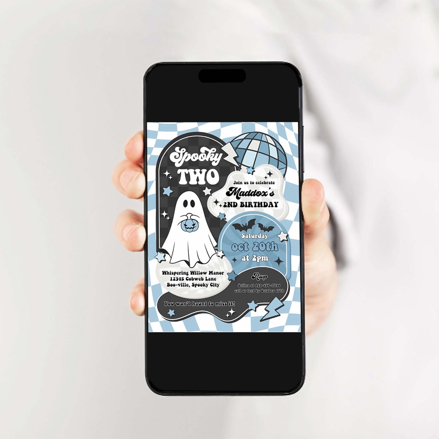 Editable two spooky halloween ghost 2nd birthday invitation retro groovy boy ghost birthday hippie halloween party instant download tx3 2