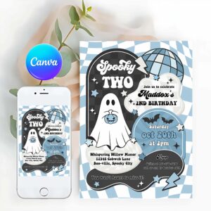 Two Spooky Invitation, Two Spooky Halloween Ghost 2nd Birthday Invitation Retro Groovy Boy Ghost Birthday Hippie Halloween Party