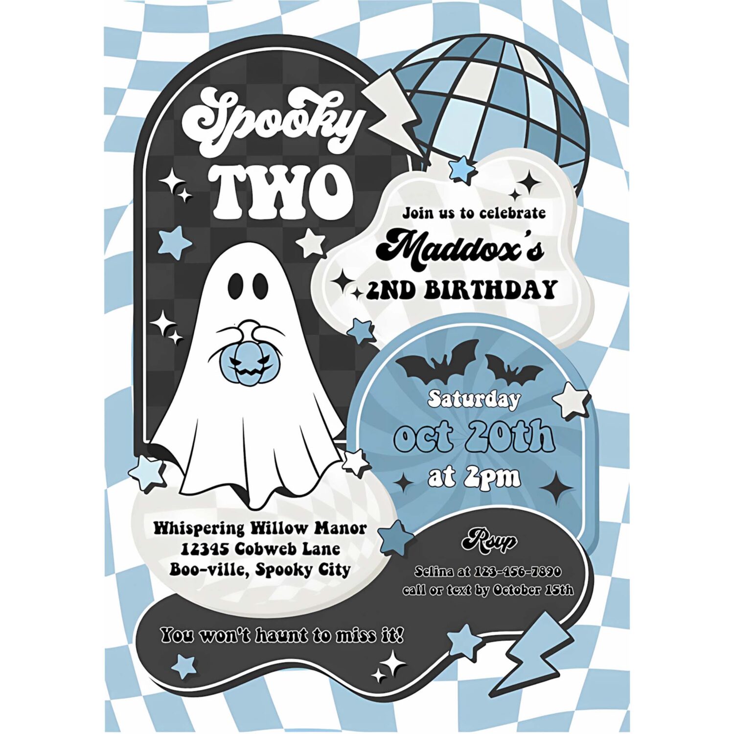 Editable two spooky halloween ghost 2nd birthday invitation retro groovy boy ghost birthday hippie halloween party instant download tx3 4