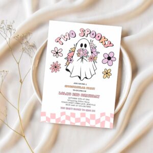 Editable two spooky halloween ghost 2nd birthday invitation retro groovy pink ghost halloween birthday party instant download uw8 1