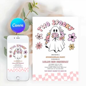 Two Spooky Invitation, Two Spooky Halloween Ghost 2nd Birthday Invitation Retro Groovy Pink Ghost Halloween Birthday Party