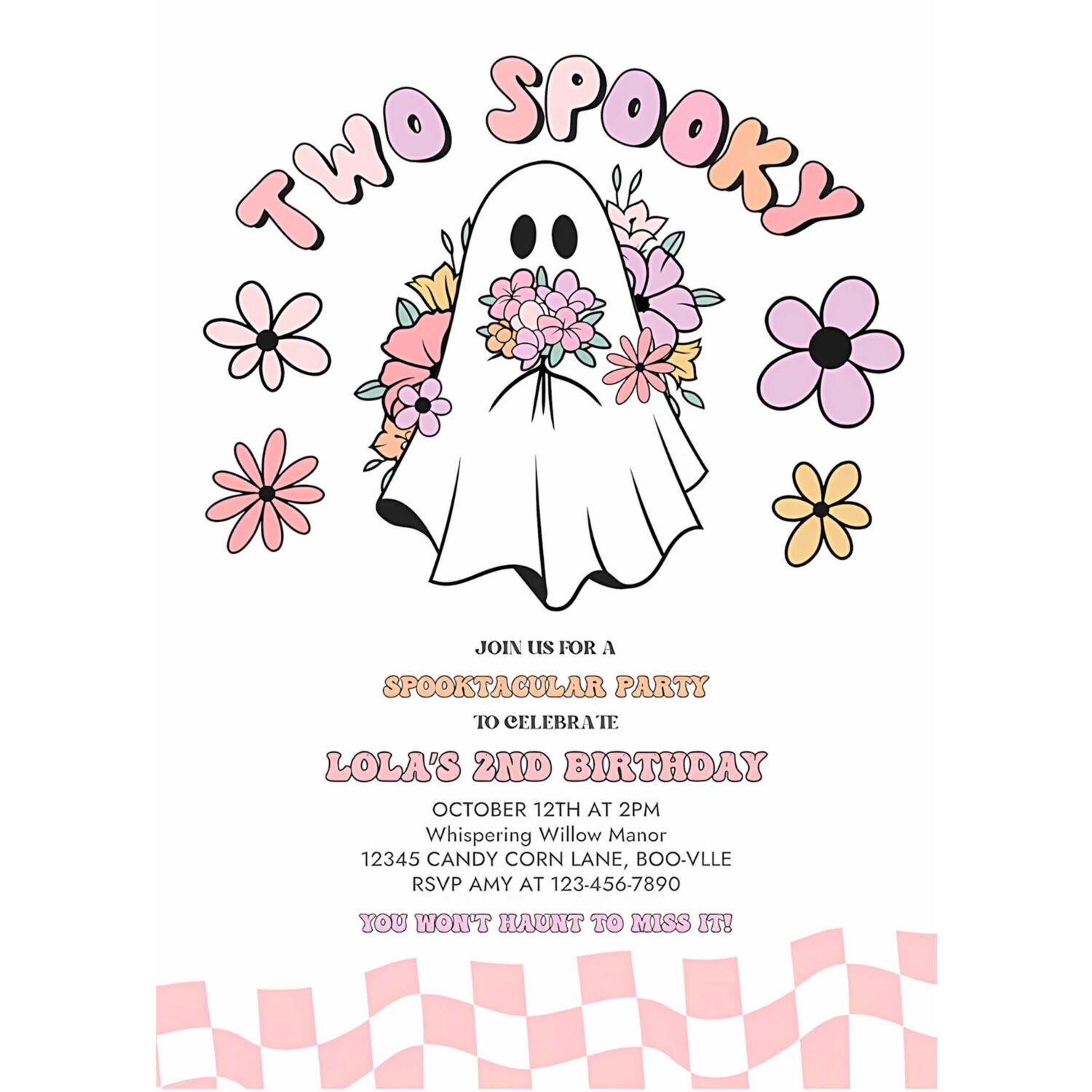 Editable two spooky halloween ghost 2nd birthday invitation retro groovy pink ghost halloween birthday party instant download uw8 4