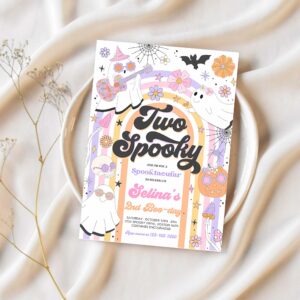 Editable two spooky halloween ghost 2nd birthday invitation retro groovy rainbow ghost birthday hippie halloween party instant download l3 1