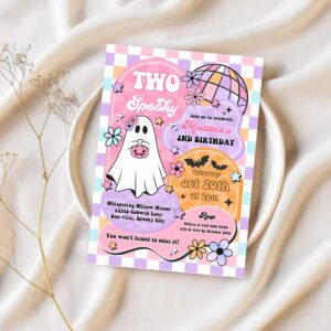 Editable two spooky halloween ghost 2nd birthday invitation retro groovy rainbow ghost birthday hippie halloween party instant download tx4 1