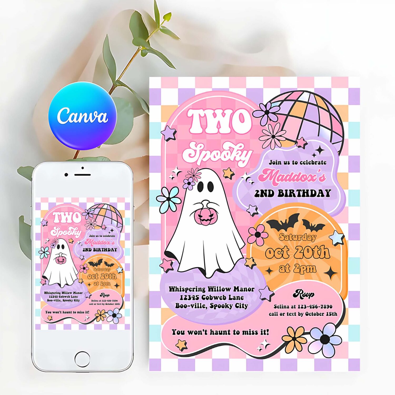 Editable two spooky halloween ghost 2nd birthday invitation retro groovy rainbow ghost birthday hippie halloween party instant download tx4