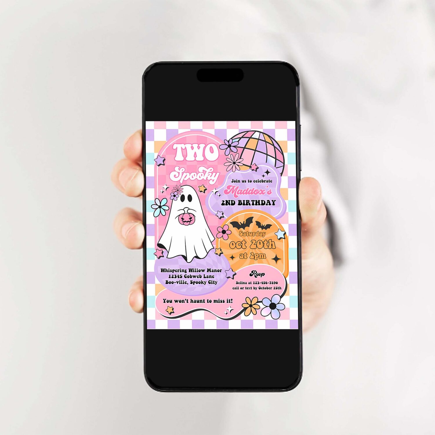 Editable two spooky halloween ghost 2nd birthday invitation retro groovy rainbow ghost birthday hippie halloween party instant download tx4 2