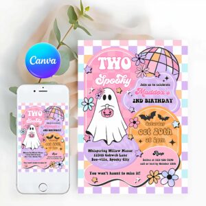 Two Spooky Invitation, Two Spooky Halloween Ghost 2nd Birthday Invitation Retro Groovy Rainbow Ghost Birthday Hippie Halloween Party
