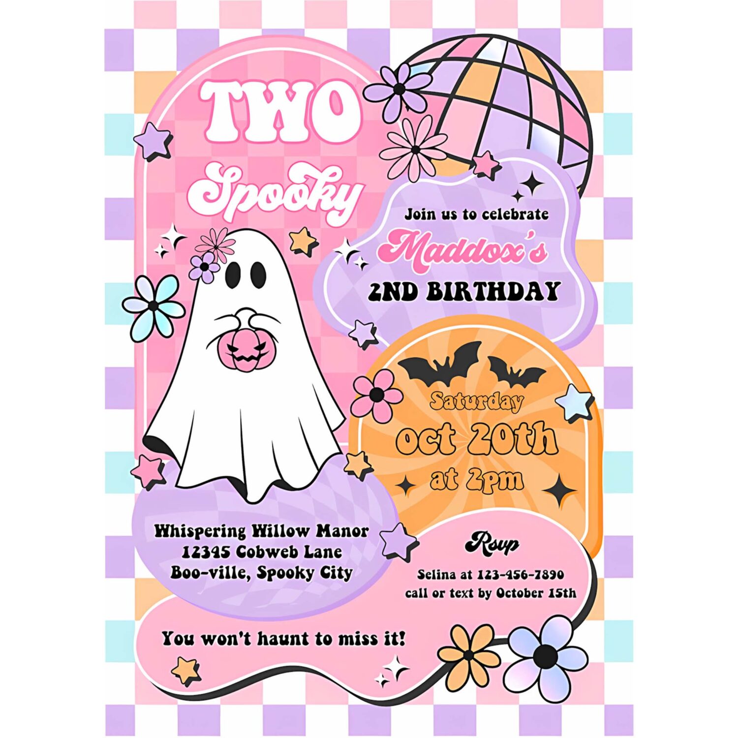 Editable two spooky halloween ghost 2nd birthday invitation retro groovy rainbow ghost birthday hippie halloween party instant download tx4 4