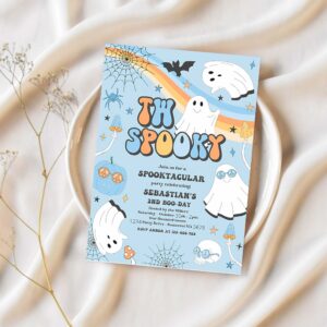 Editable two spooky halloween ghost 2nd birthday invitation retro groovy rainbow ghost birthday hippie halloween party instant download v1 1