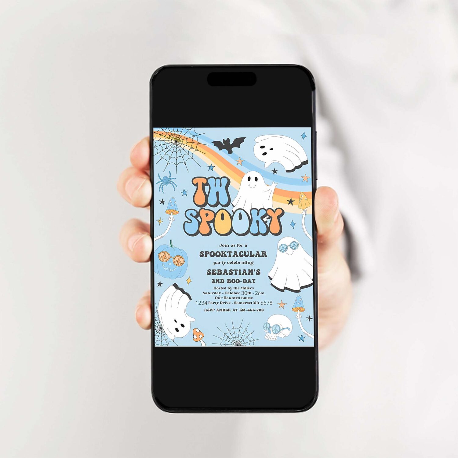Editable two spooky halloween ghost 2nd birthday invitation retro groovy rainbow ghost birthday hippie halloween party instant download v1 2