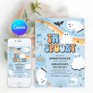 Two Spooky Invitation, Two Spooky Halloween Ghost 2nd Birthday Invitation Retro Groovy Rainbow Ghost Birthday Hippie Halloween Party