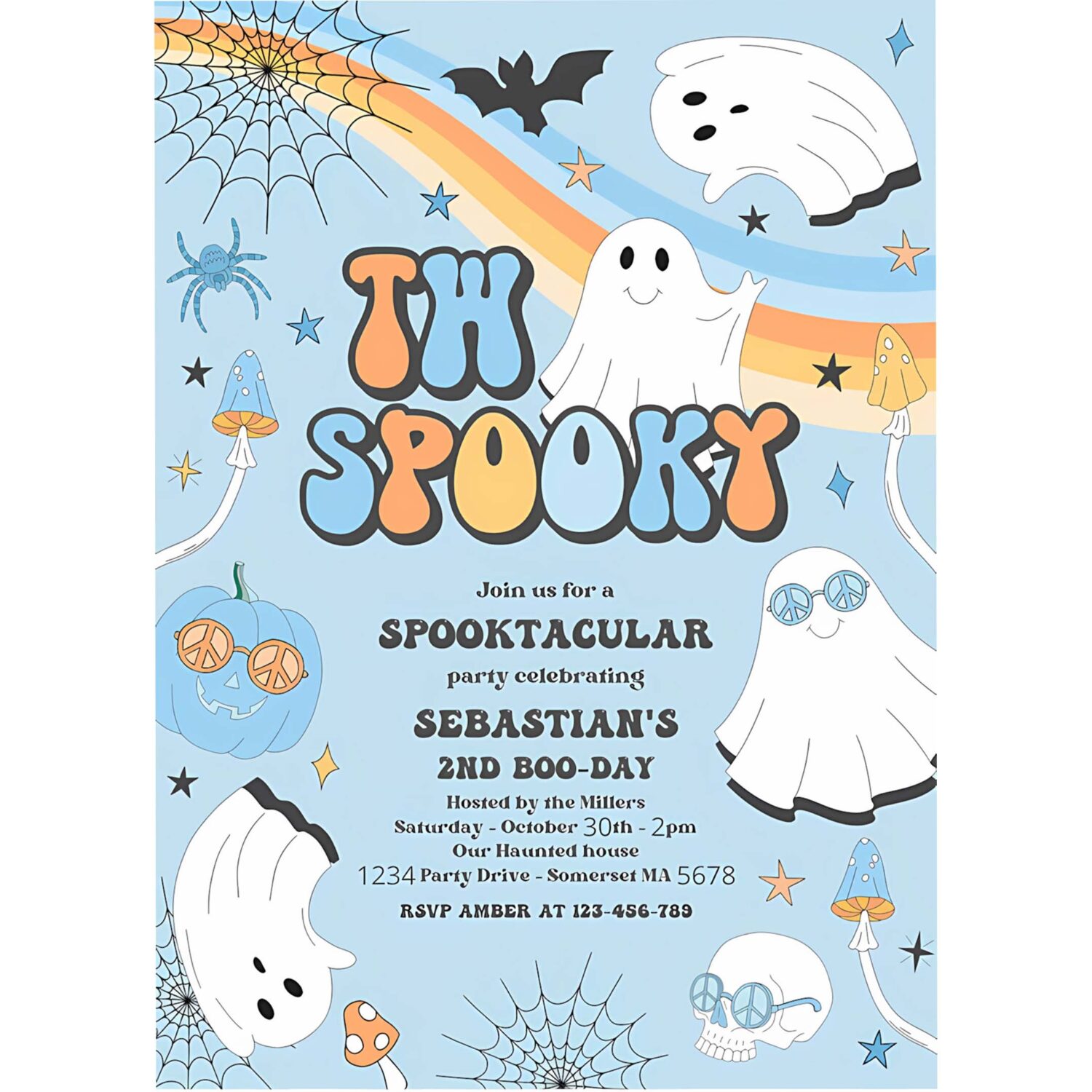 Editable two spooky halloween ghost 2nd birthday invitation retro groovy rainbow ghost birthday hippie halloween party instant download v1 4