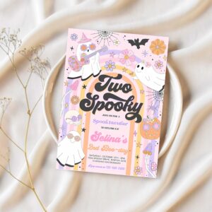 Editable two spooky halloween ghost 2nd birthday invitation retro groovy rainbow ghost birthday hippie halloween party instant download v6 1