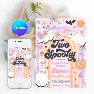 Two Spooky Invitation, Two Spooky Halloween Ghost 2nd Birthday Invitation Retro Groovy Rainbow Ghost Birthday Hippie Halloween Party