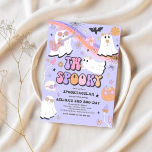 Editable two spooky halloween ghost 2nd birthday invitation retro groovy rainbow ghost birthday hippie halloween party instant download v7 1
