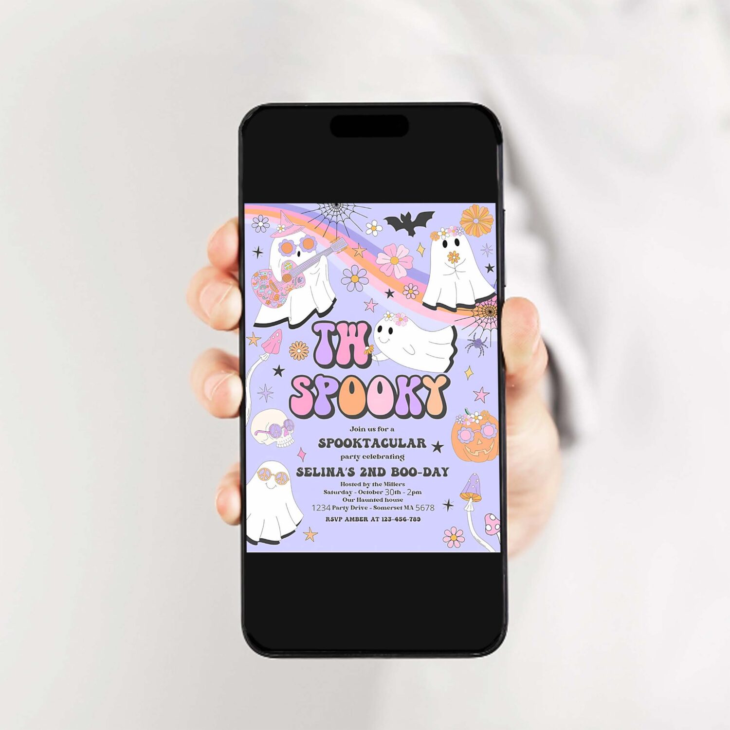 Editable two spooky halloween ghost 2nd birthday invitation retro groovy rainbow ghost birthday hippie halloween party instant download v7 2