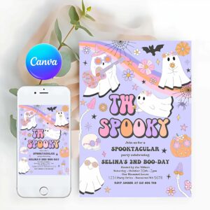 Two Spooky Invitation, Two Spooky Halloween Ghost 2nd Birthday Invitation Retro Groovy Rainbow Ghost Birthday Hippie Halloween Party