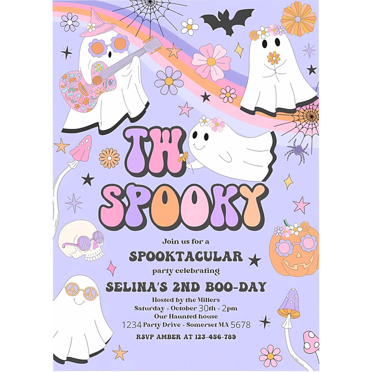 Editable two spooky halloween ghost 2nd birthday invitation retro groovy rainbow ghost birthday hippie halloween party instant download v7 4