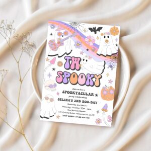 Editable two spooky halloween ghost 2nd birthday invitation retro groovy rainbow ghost birthday hippie halloween party instant download v9 1