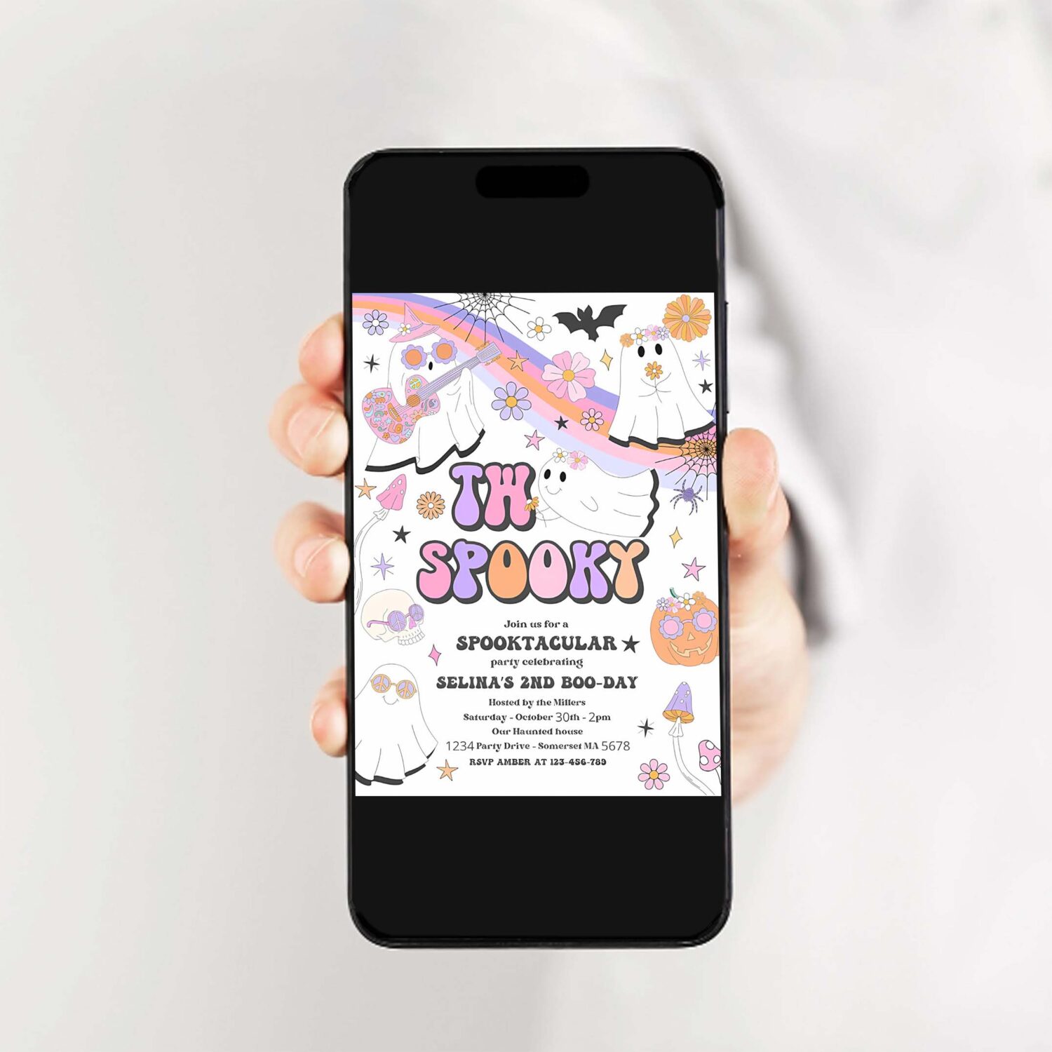 Editable two spooky halloween ghost 2nd birthday invitation retro groovy rainbow ghost birthday hippie halloween party instant download v9 2