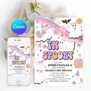 Two Spooky Invitation, Two Spooky Halloween Ghost 2nd Birthday Invitation Retro Groovy Rainbow Ghost Birthday Hippie Halloween Party