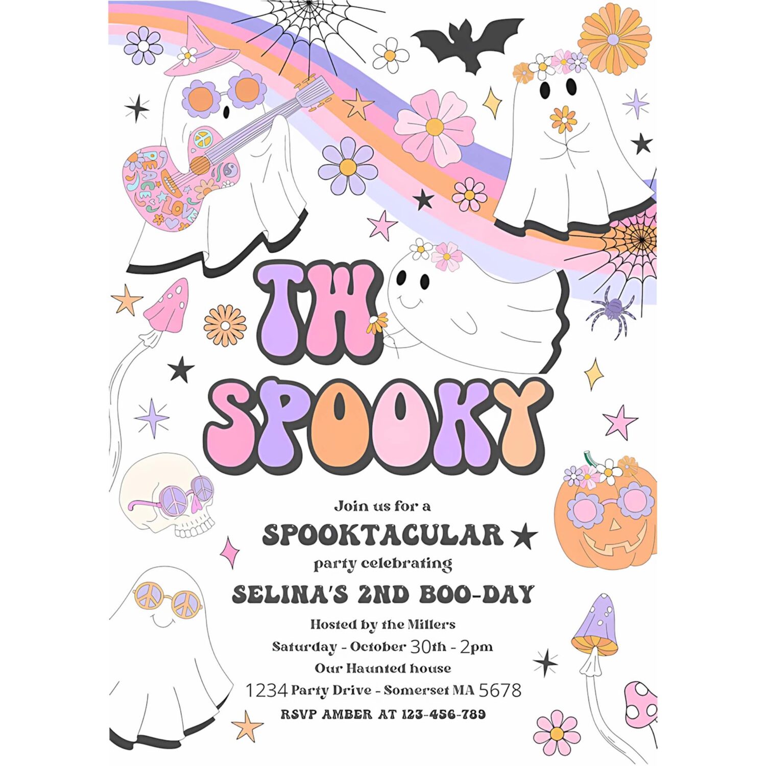 Editable two spooky halloween ghost 2nd birthday invitation retro groovy rainbow ghost birthday hippie halloween party instant download v9 4