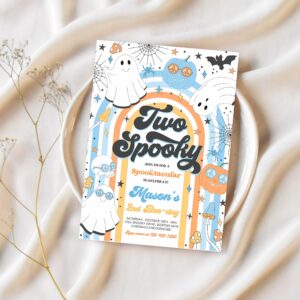 Editable two spooky halloween ghost 2nd birthday invitation retro groovy rainbow ghost birthday hippie halloween party instant download vn 1