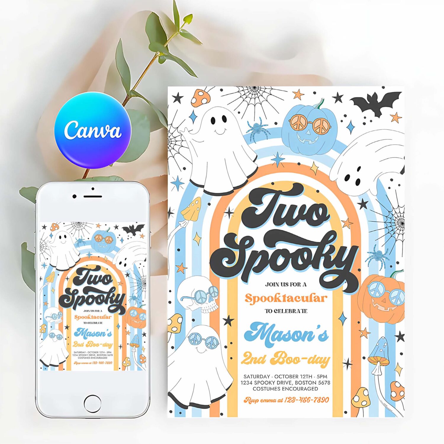 Editable two spooky halloween ghost 2nd birthday invitation retro groovy rainbow ghost birthday hippie halloween party instant download vn